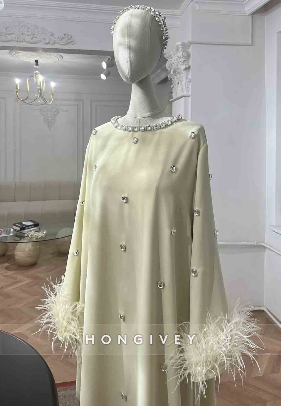 Feather Long Sleeve Pleated Mother of the Bride Rhinestone Ankle-Length Column Evening Gown