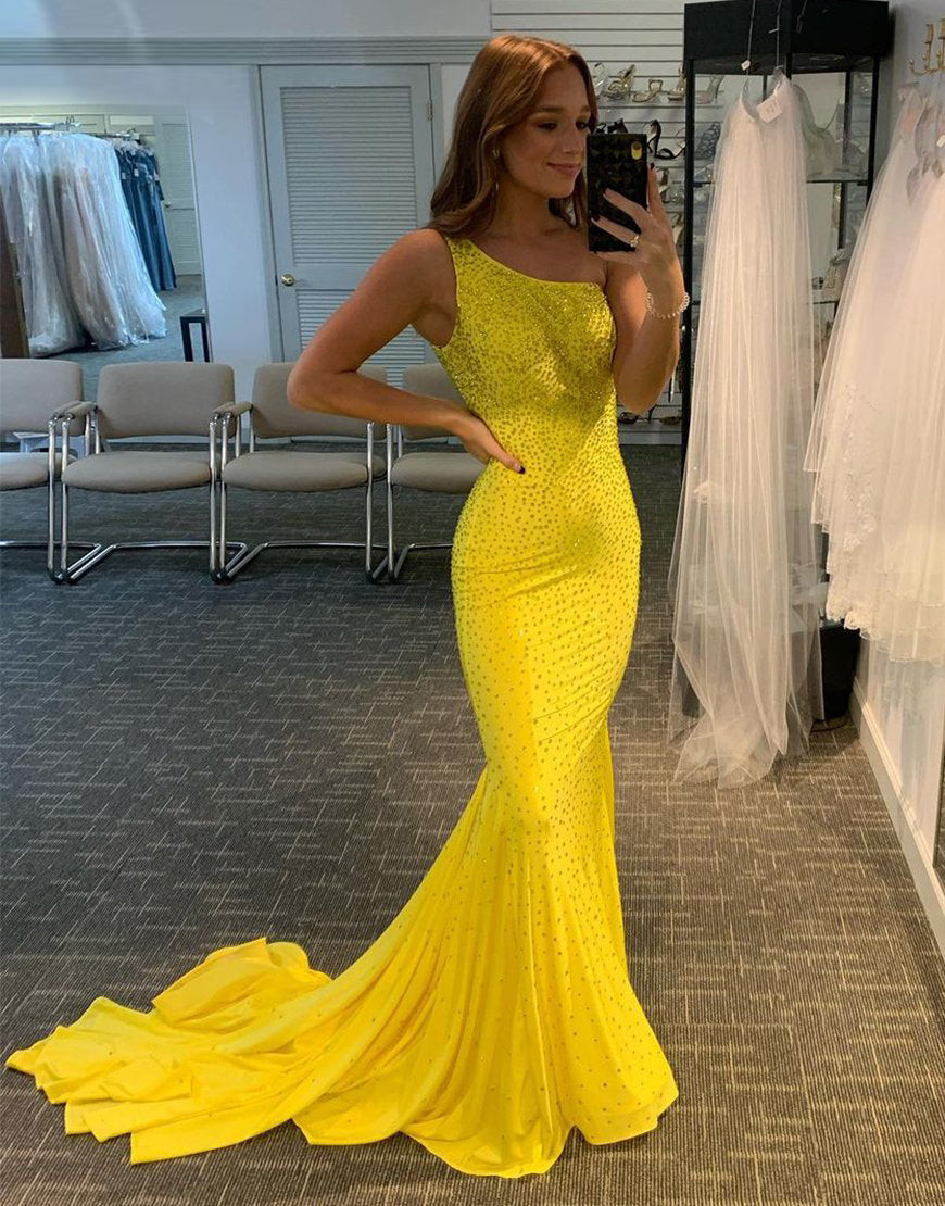 Mermaid One-Shoulder Sweep Train Yellow Prom Dress - Fashionpara