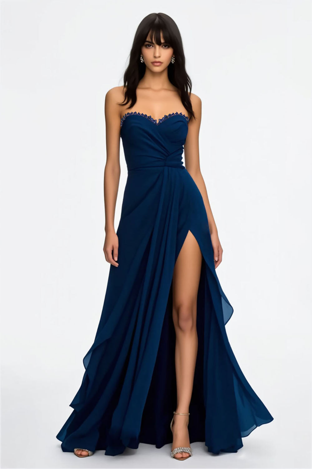 Royal Blue Strapless Sequins Long Prom Dress with Slit