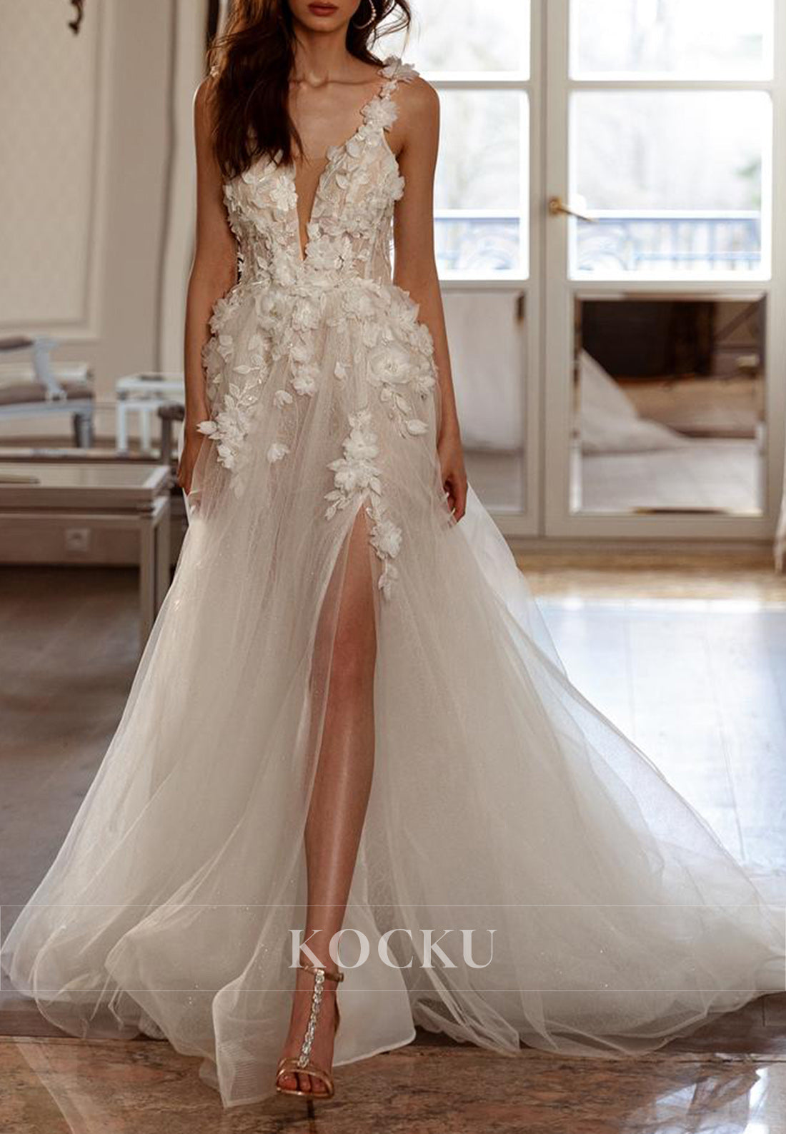 Plunging V - Neck 3D Floral Glitter Tulle Wedding Dress with High Slit & Open Back