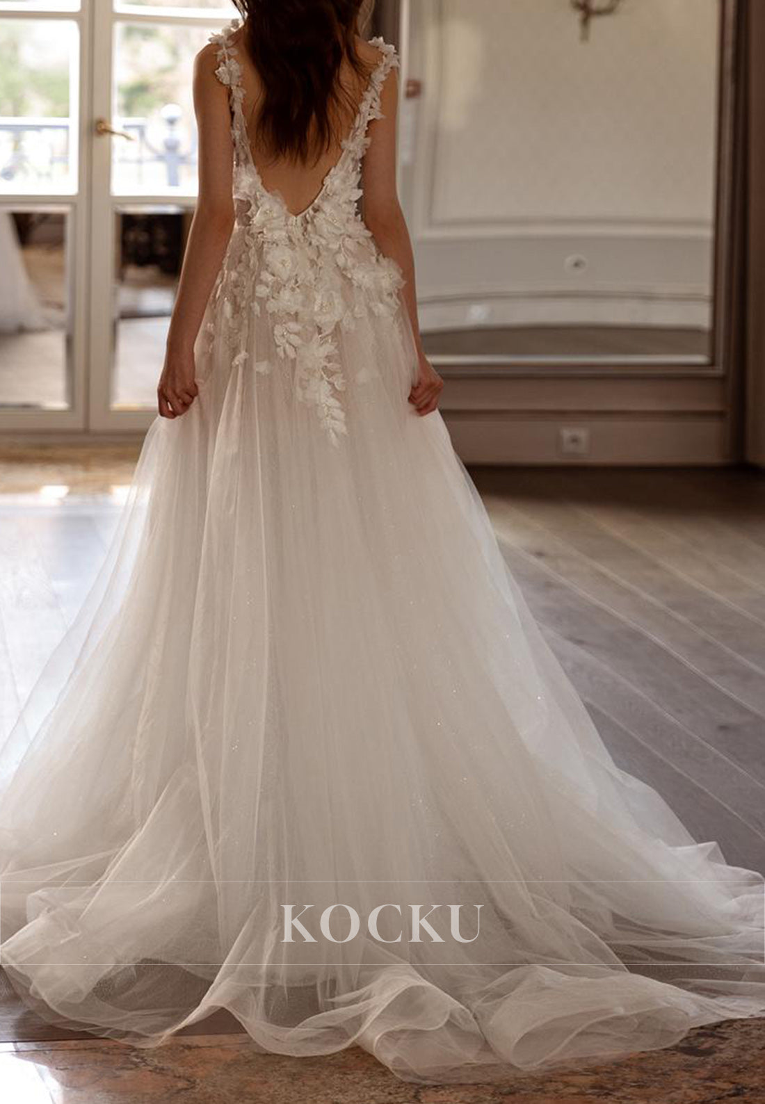 Plunging V - Neck 3D Floral Glitter Tulle Wedding Dress with High Slit & Open Back