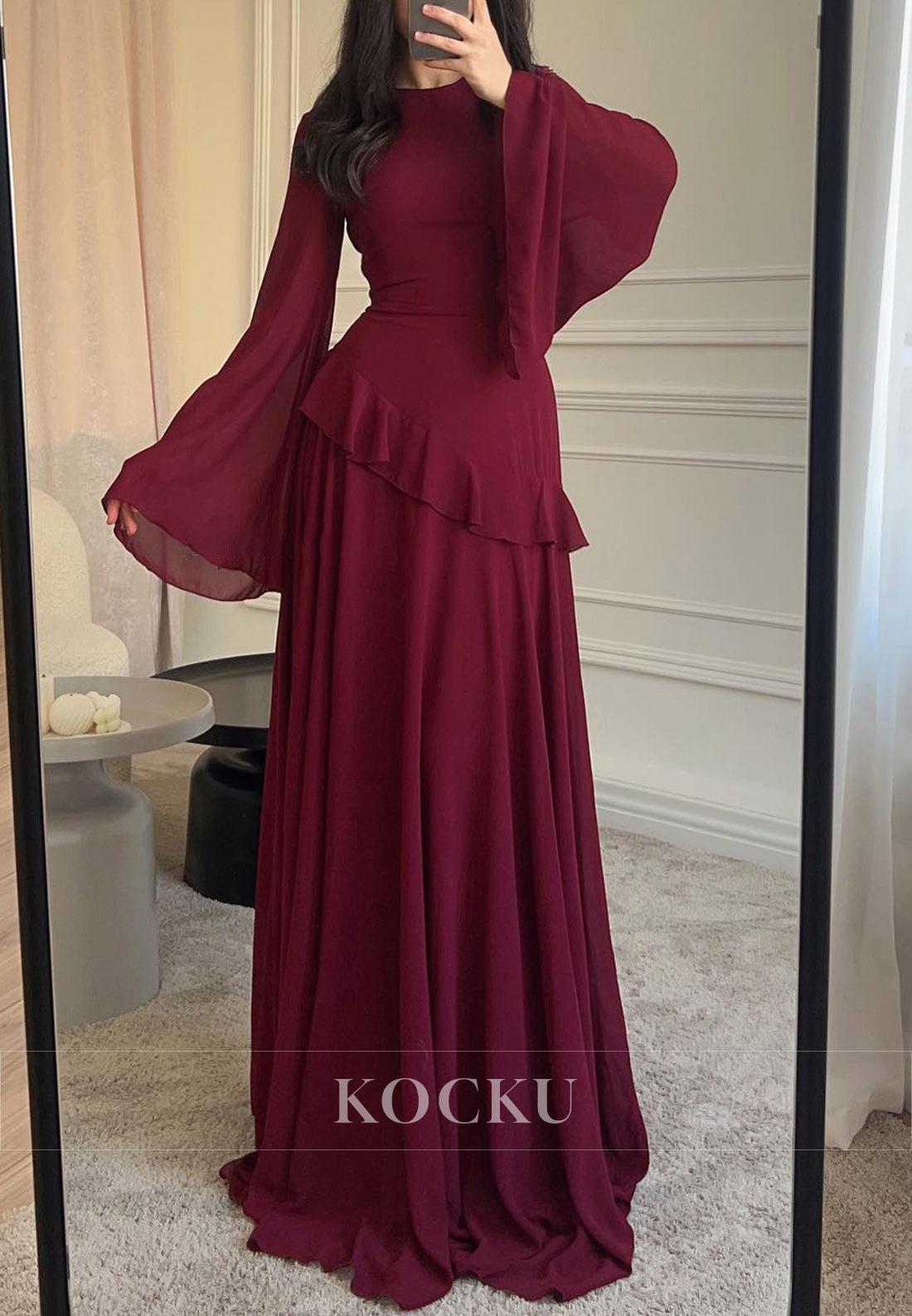 Elegant Long - Sleeved Baby Blue Maxi Wedding Guest Dress with Ruffled Detail and Flared Cuffs