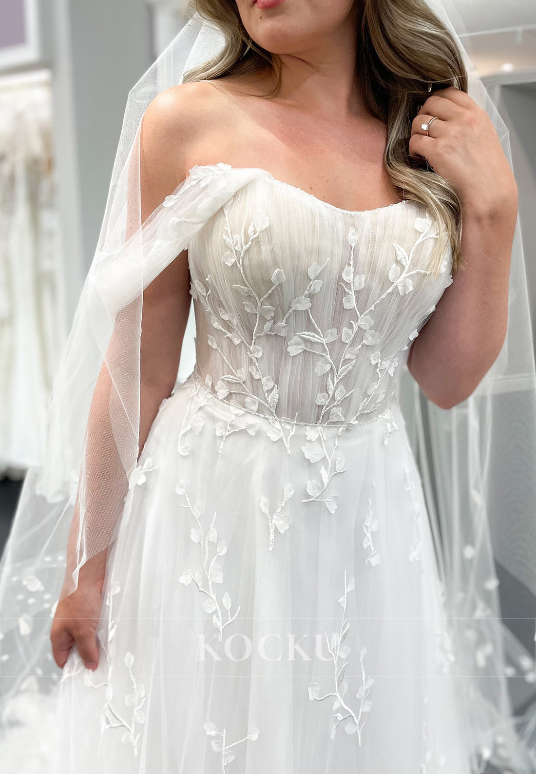 Romantic White Off - Shoulder Tulle Wedding Dress with Floral Vine Embroidery