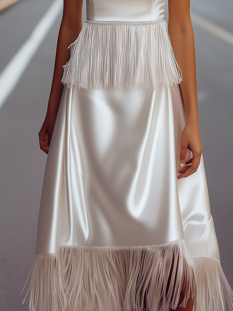 White Satin Fringe Trim Midi Slip Dress