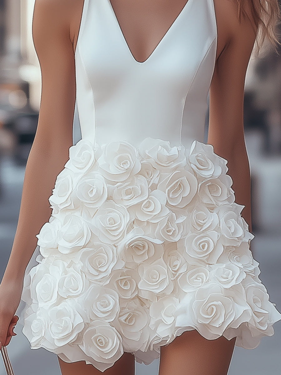 White 3D Floral  Mini Dress