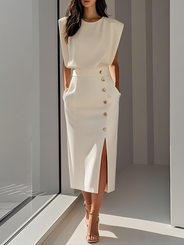 Off White Button Slit Crew Neck Sheath Midi Dress Wedding Guest Dresses
