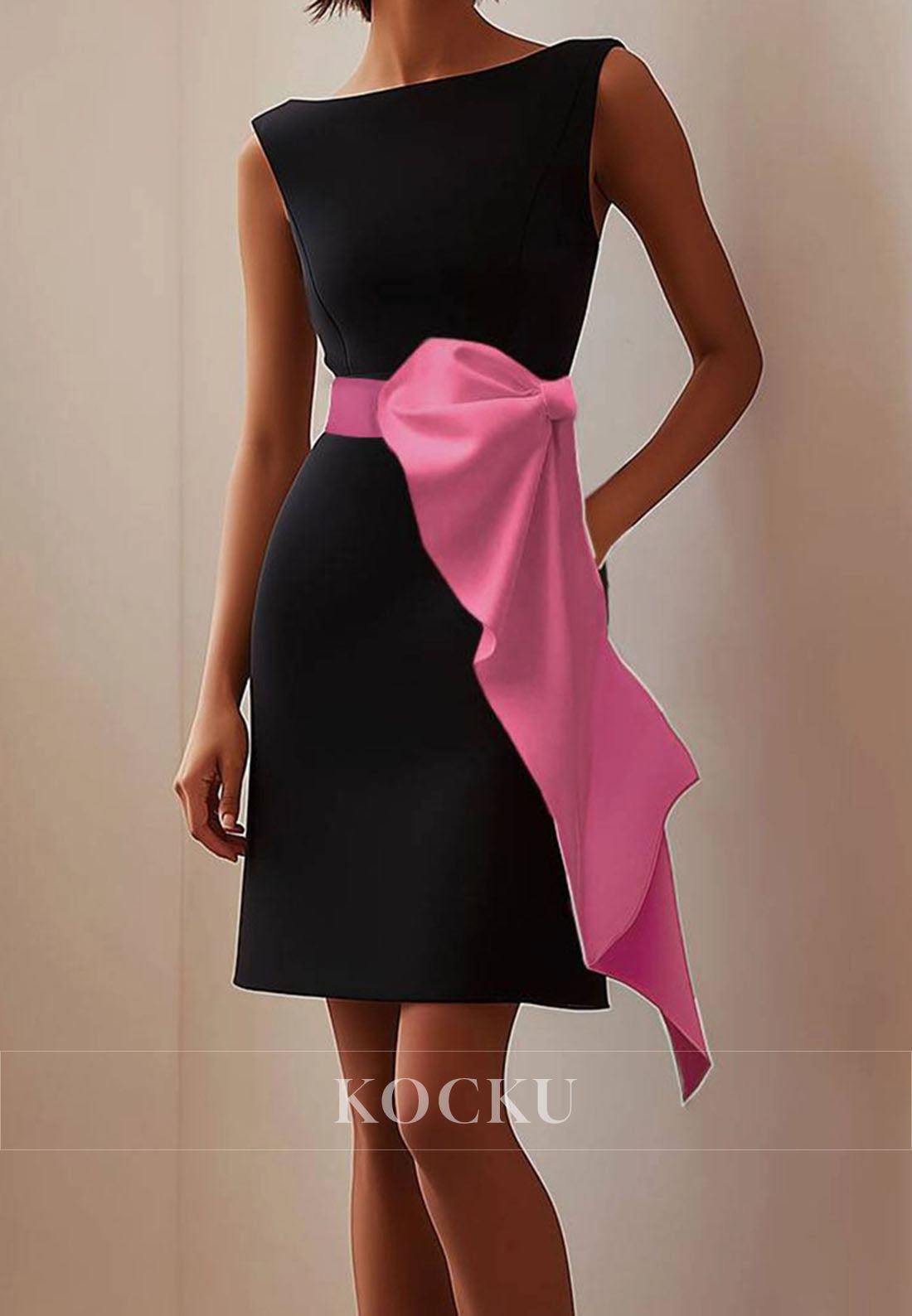 Bateau Neck Straps Sheath Short Satin Wedding Guest Dress with Pink Belt Party Gowns