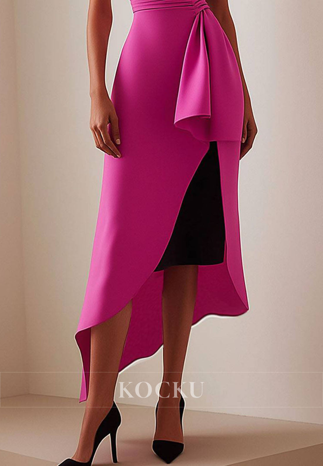 Splicing Color Sleeveless Pleated Satin Fitted High Low Wedding Guest Mid-Formal Dress