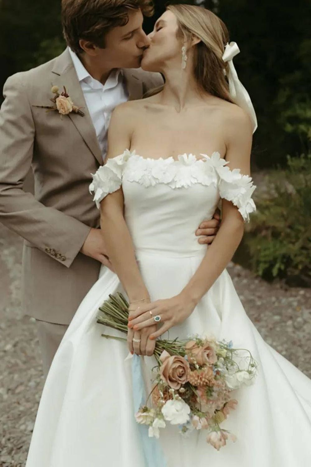 Gorgeous A Line Off the Shoulder White Bridal Dress with Flowers