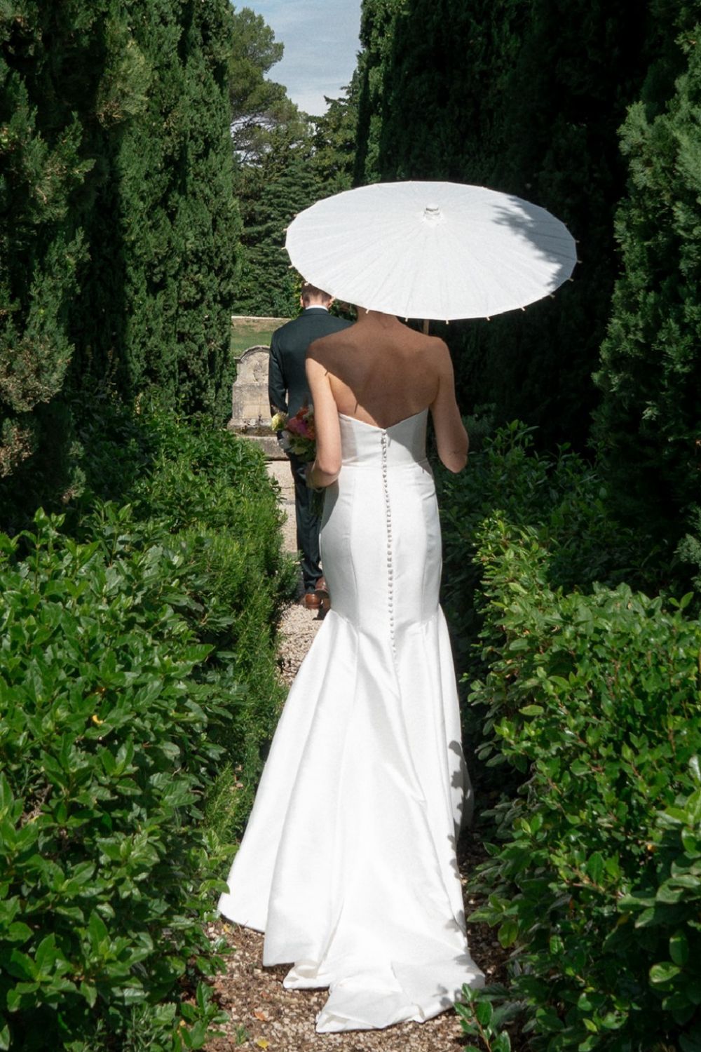 Simple Mermaid Strapless White Long Wedding Dress with Button Up - Fashionpara