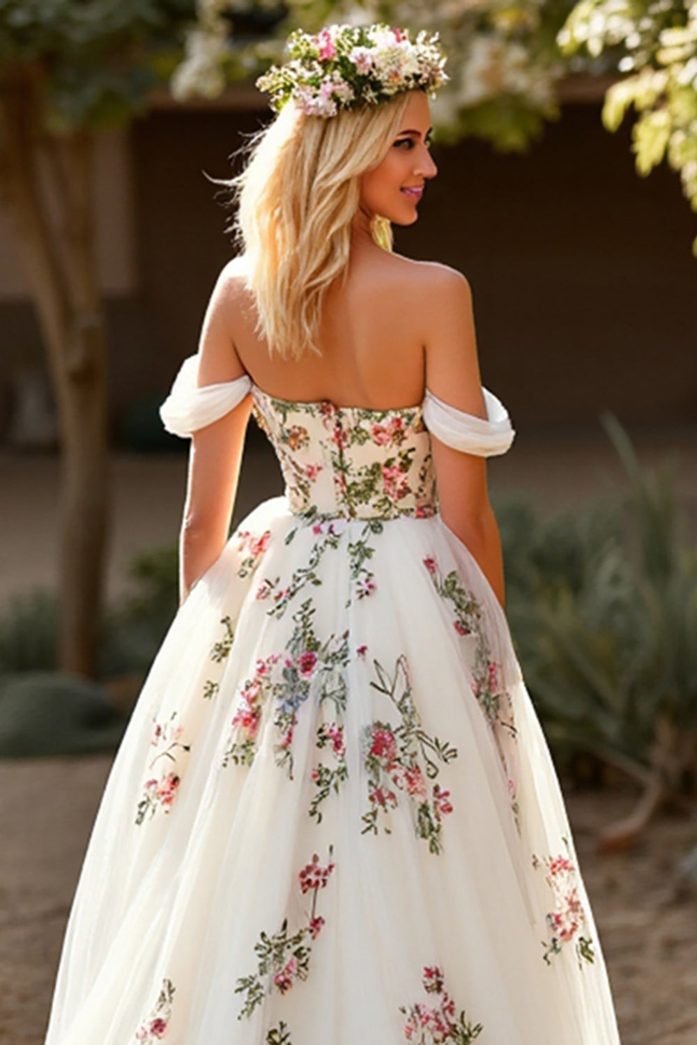 Off the Shoulder White Tulle A Line Embroidered Sweep Train Wedding Dress