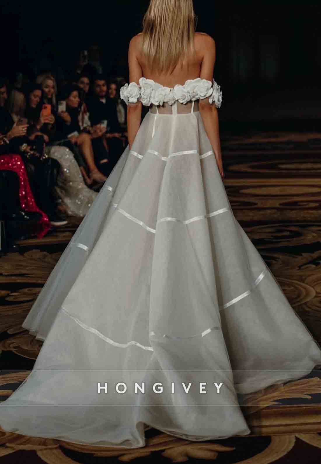 Flowers Off the Shoulder A-Line Floor-Length Low Back Wedding Dresses