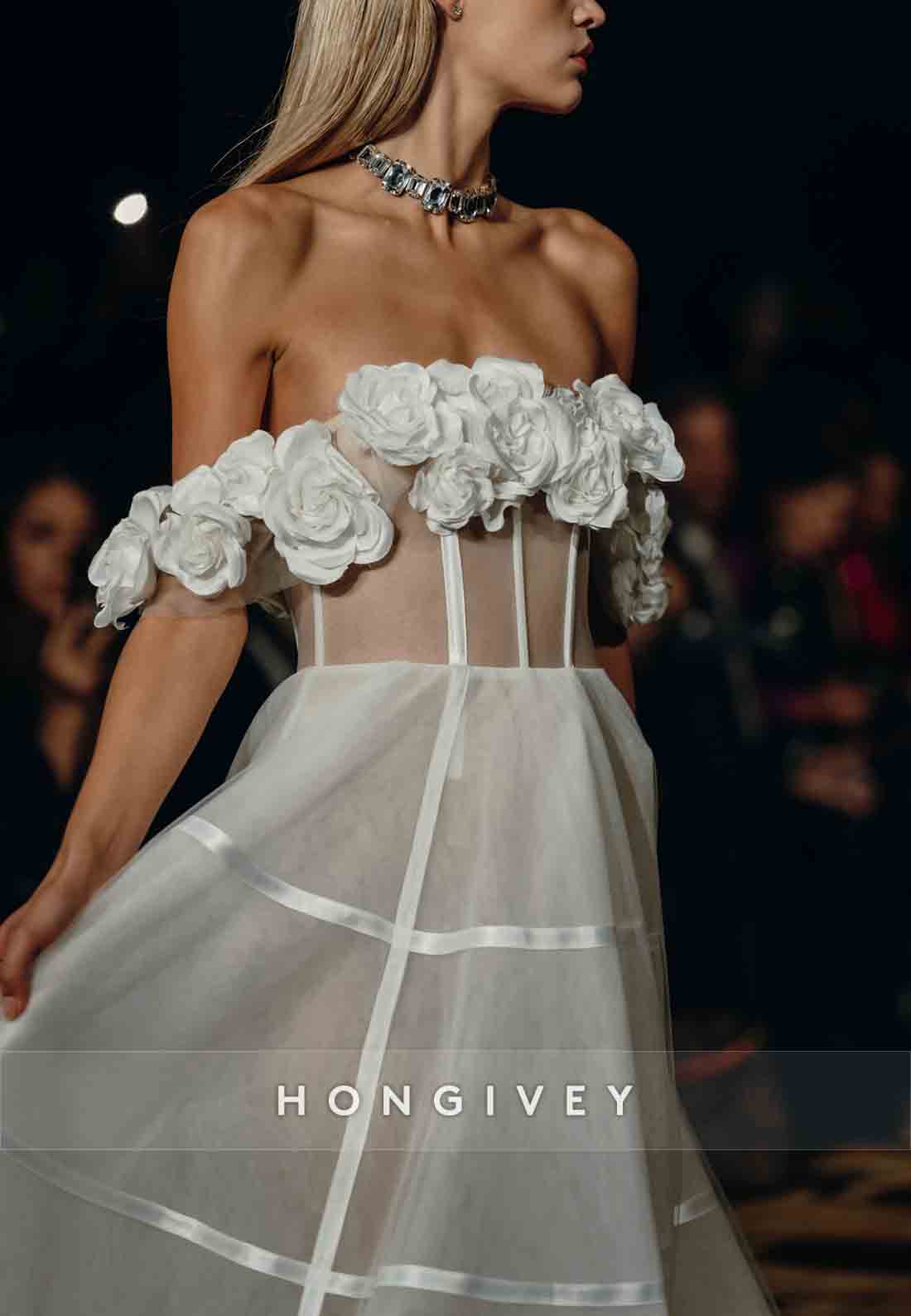 Flowers Off the Shoulder A-Line Floor-Length Low Back Wedding Dresses