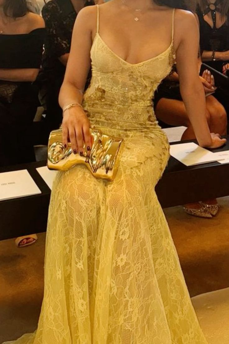 Gold Lace Spaghetti Straps Sexy Long Formal Dress Evening Party Dresses  fg7761