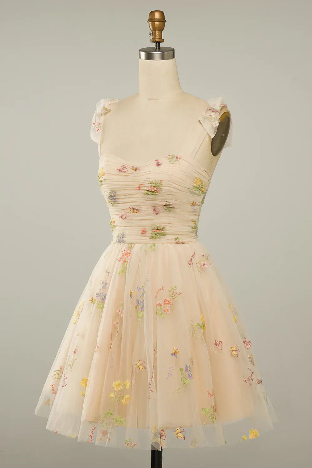 A Line Spaghetti Straps Champagne Short Homecoming Dress with Embroidery