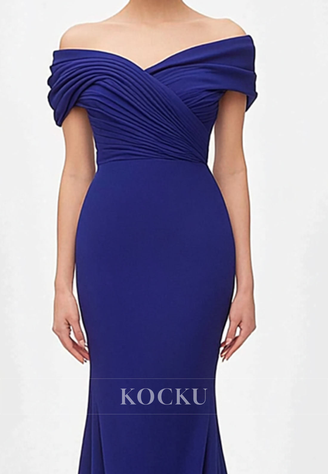 Dark Navy Pleated Satin Formal Gowns Off-Shoulder Sleeveless Long Wedding Guest Dress