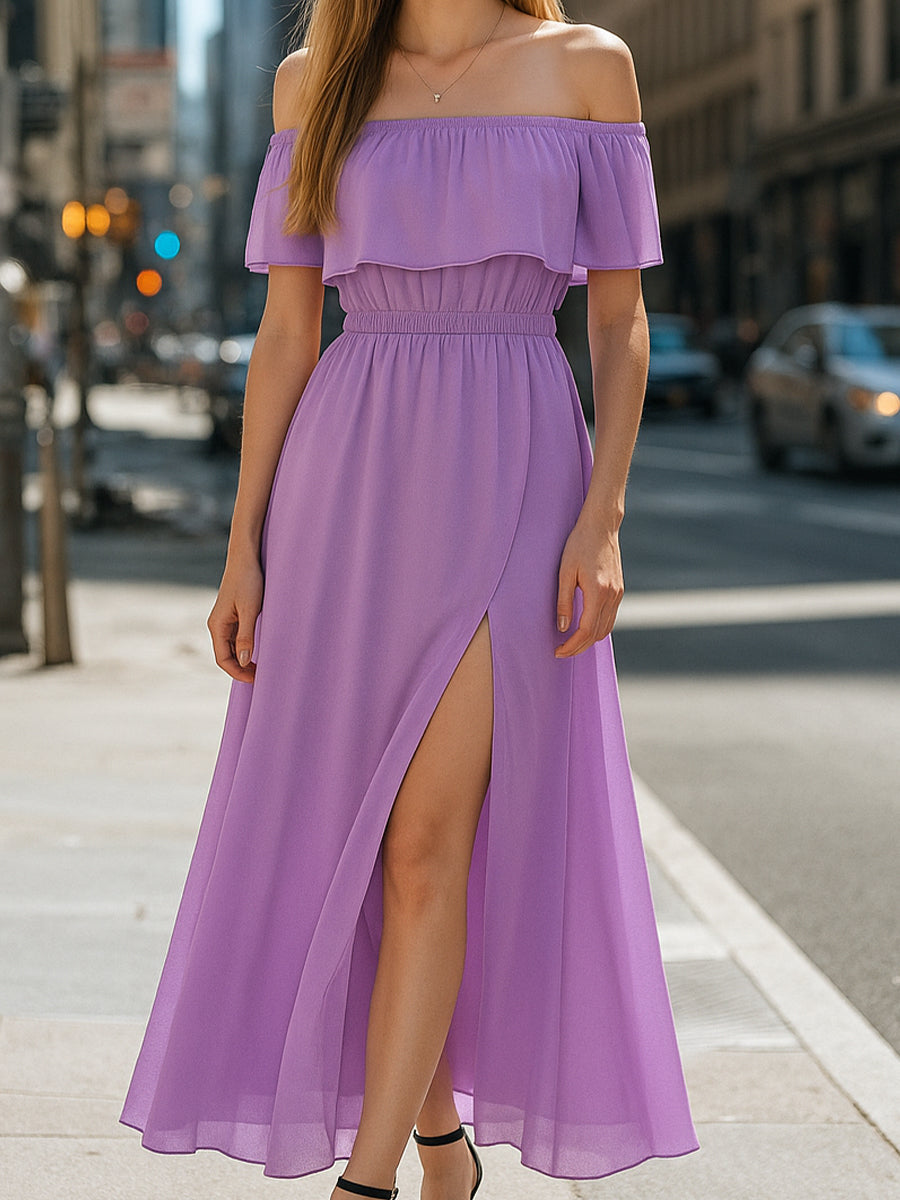 Enchanting Lilac Off-shoulder Maxi Wedding Guest Dress