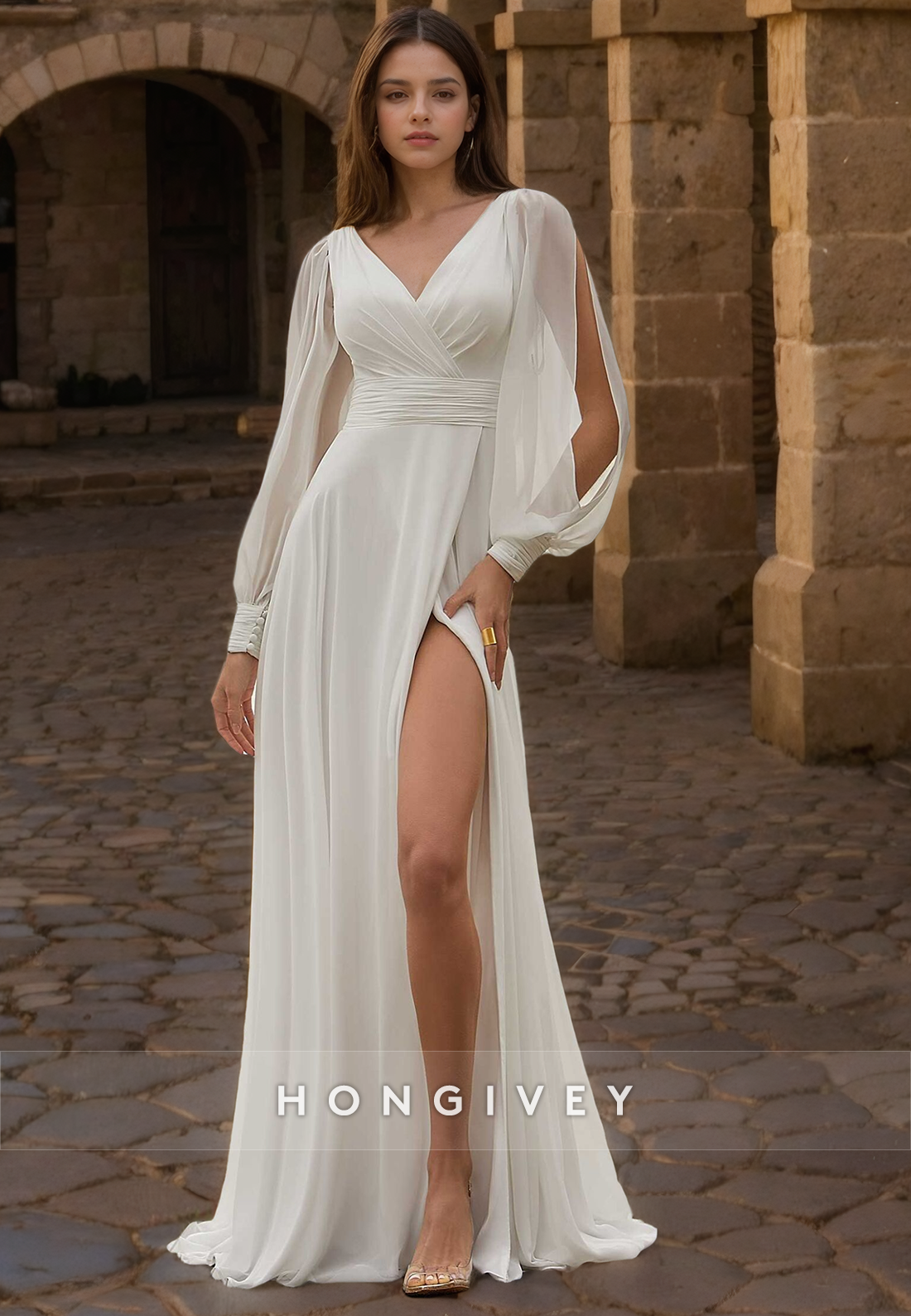 Elegant & Luxurious V-Neck Detachable Long Sleeve With Sweep Train Beach Wedding Dress