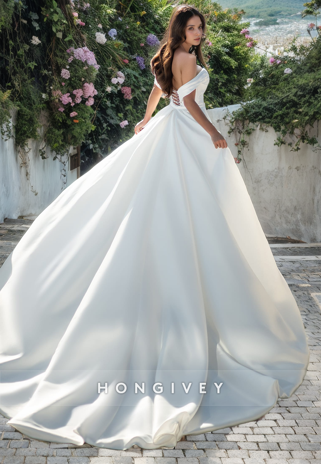 Popular Off-Shoulder With Train Satin Long Beach Wedding Dress