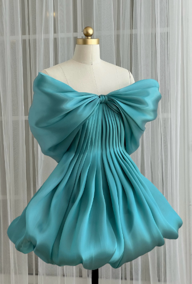 Unique Blue Green Bow Strapless Pleated A Line Short 6th Grade Homecoming Dress Birthday Outfits D225
