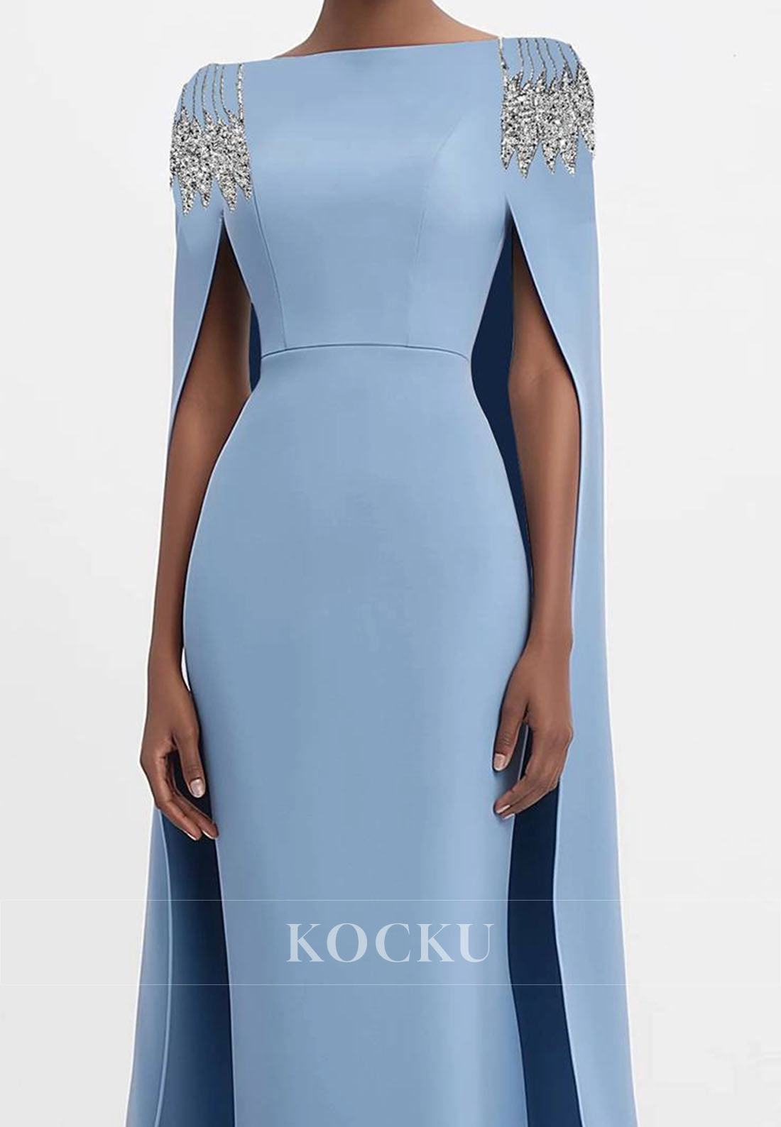Elegant Strapless Beaded Cape Maxi Sheath Satin Wedding Guest Dress