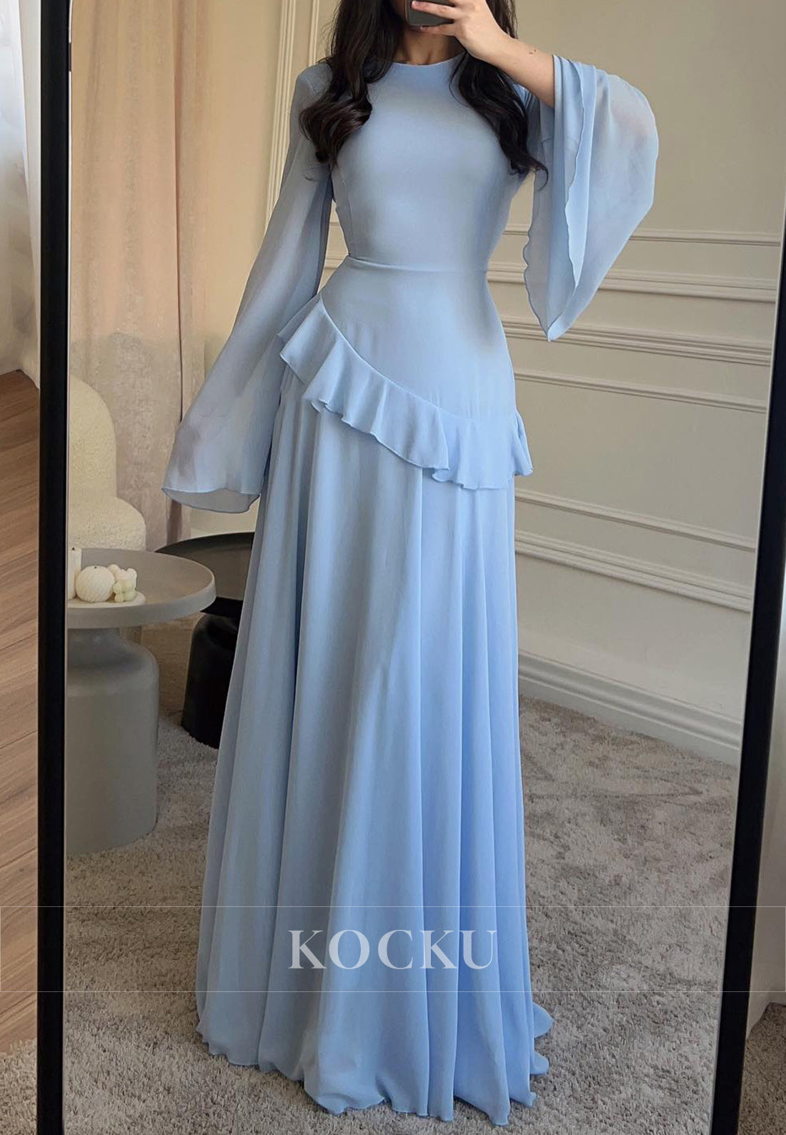 Elegant Long - Sleeved Baby Blue Maxi Wedding Guest Dress with Ruffled Detail and Flared Cuffs