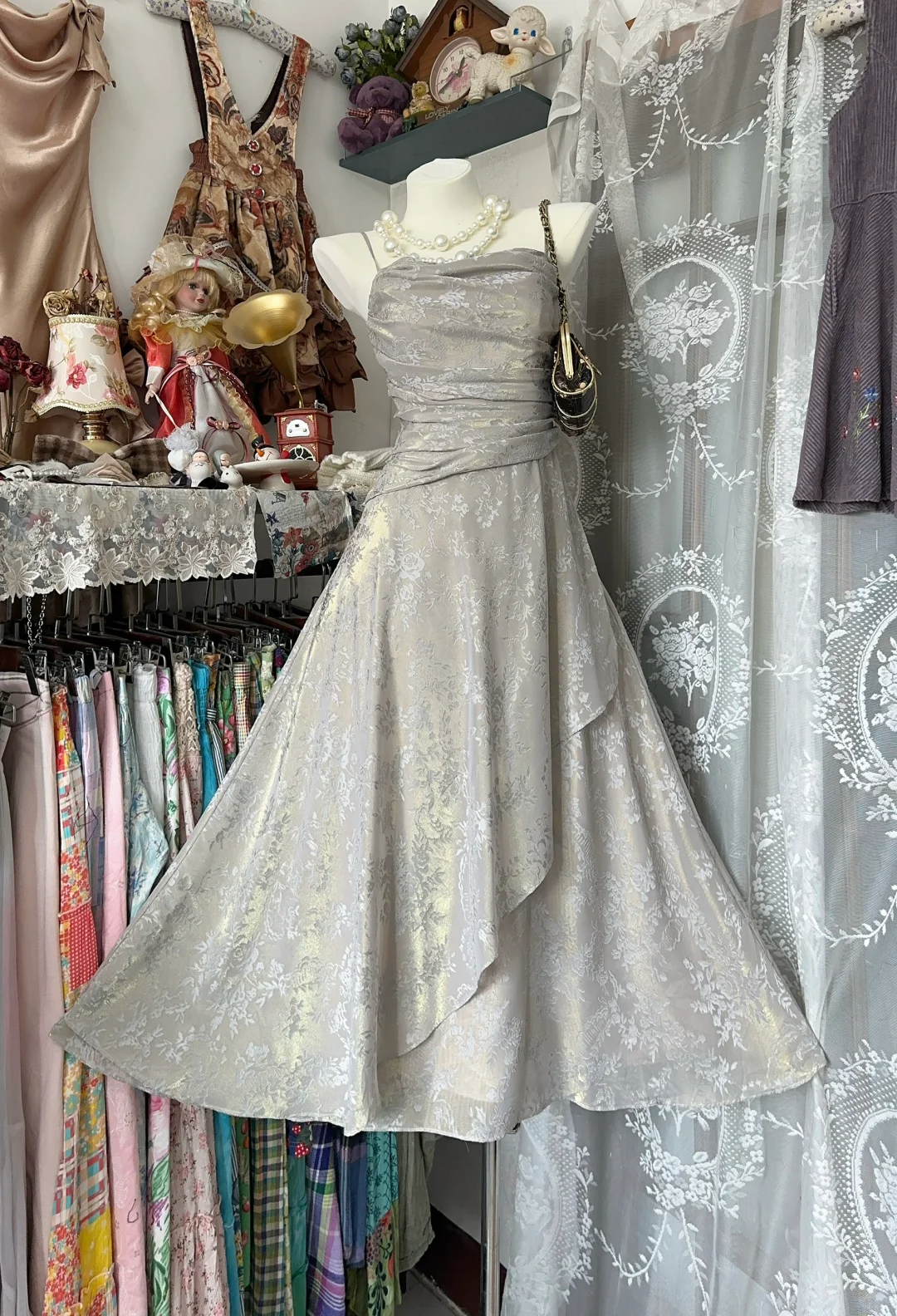 Vintage Spaghetti Straps Satin Print Floral Party Dress Birthday Dress  S507
