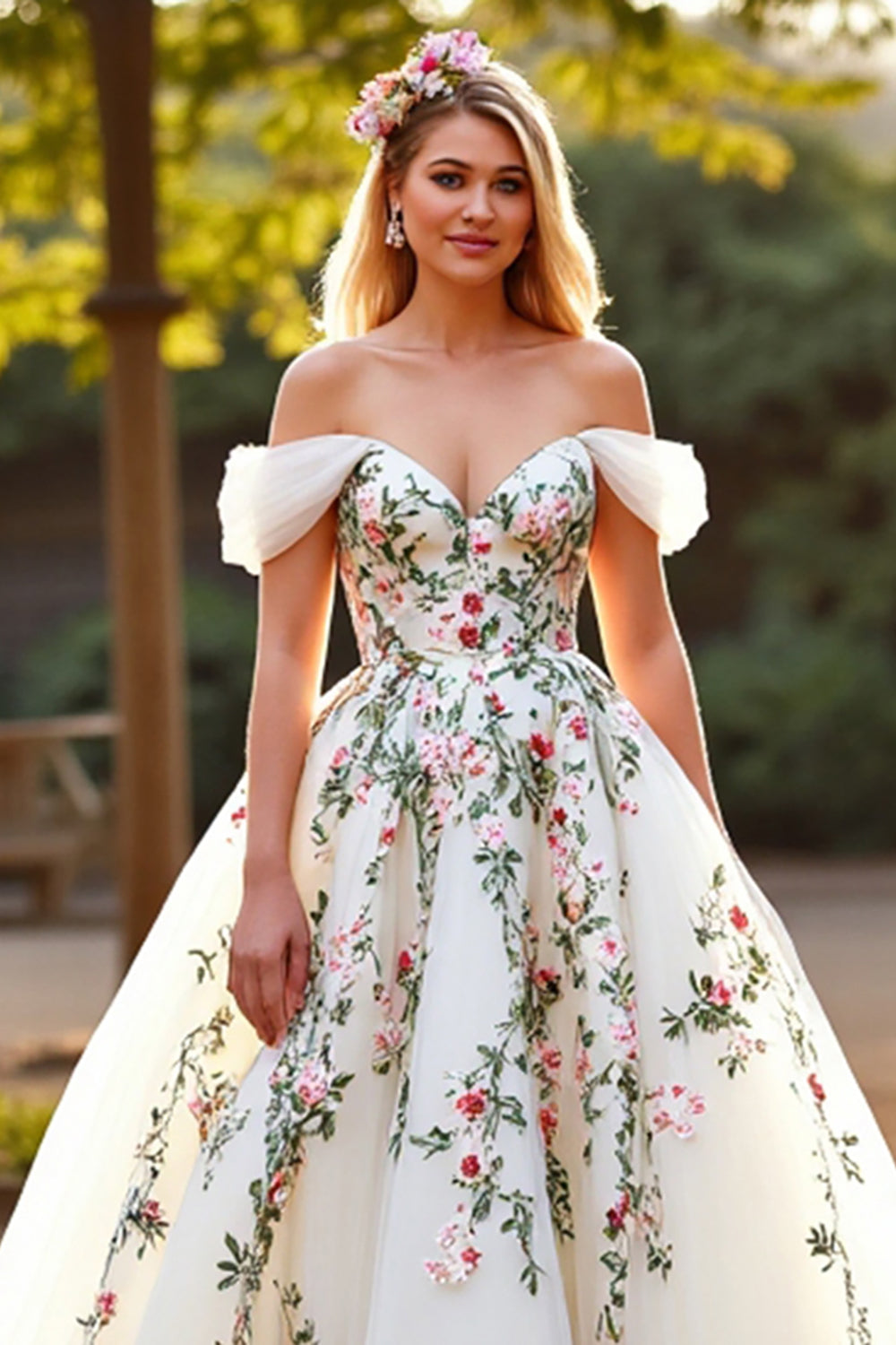 White Tulle Off the Shoulder Sweep Train Floral Wedding Dress