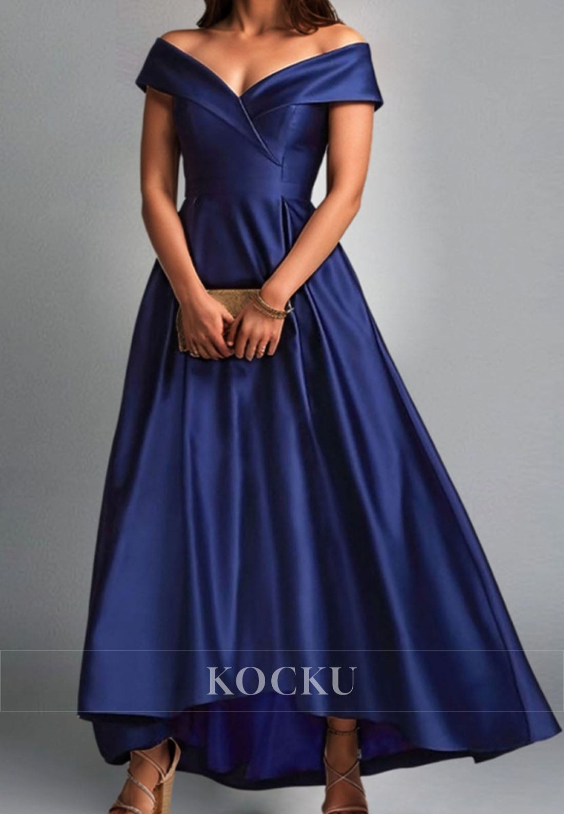 Classic A-Line Wedding Guest Dress Off-Shoulder Sleeveless Pleated Satin Formal Gowns