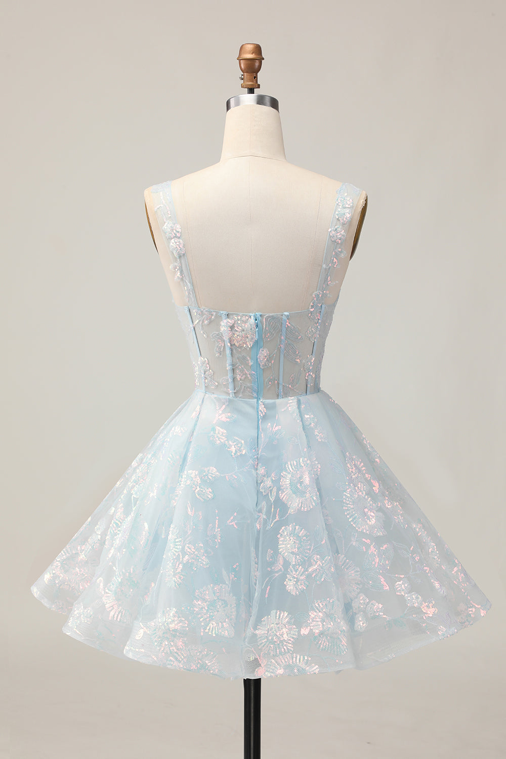 Sparkly Light Blue A Line Spaghetti Straps Corset Long Homecoming Dress