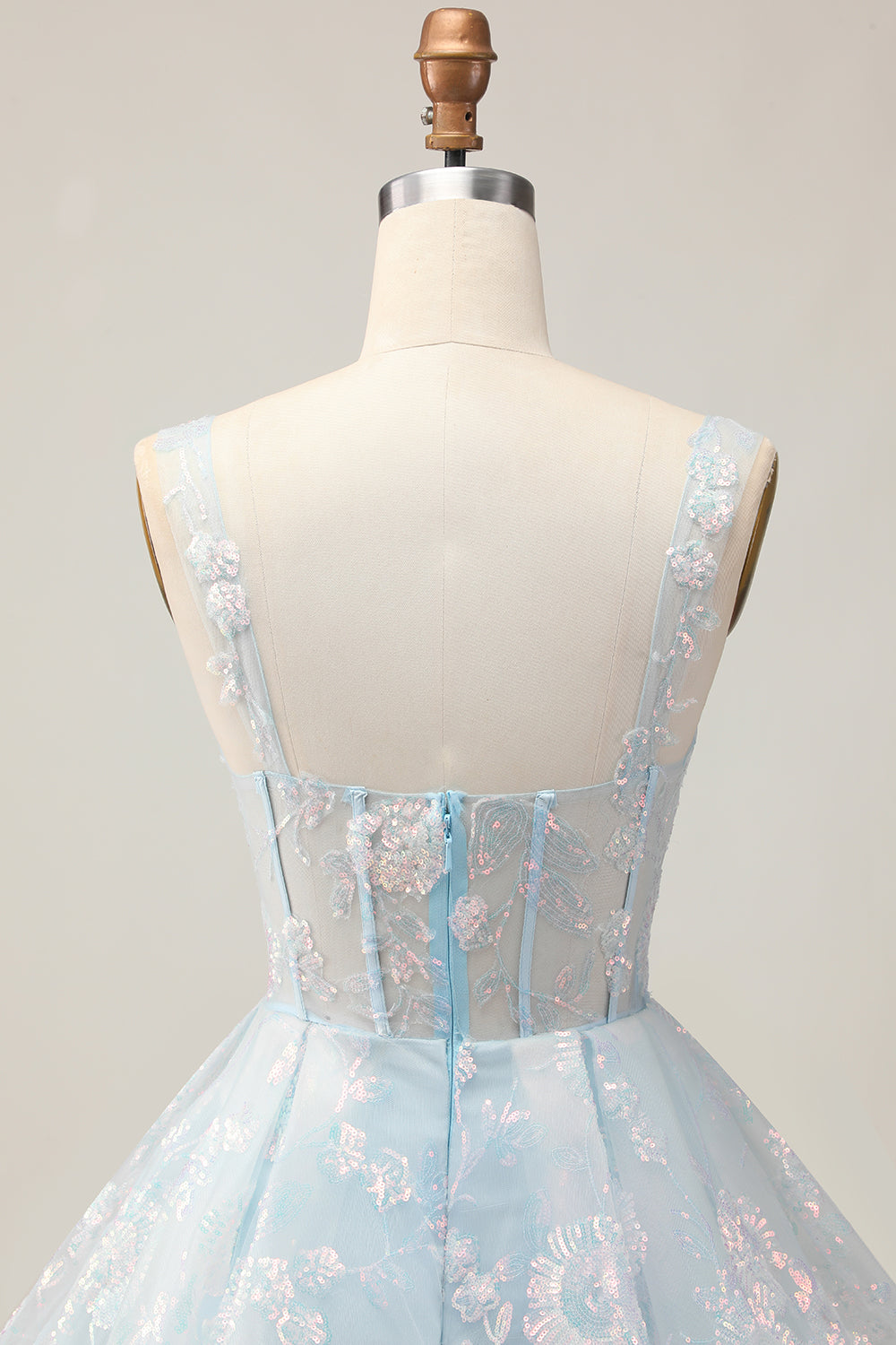 Sparkly Light Blue A Line Spaghetti Straps Corset Long Homecoming Dress