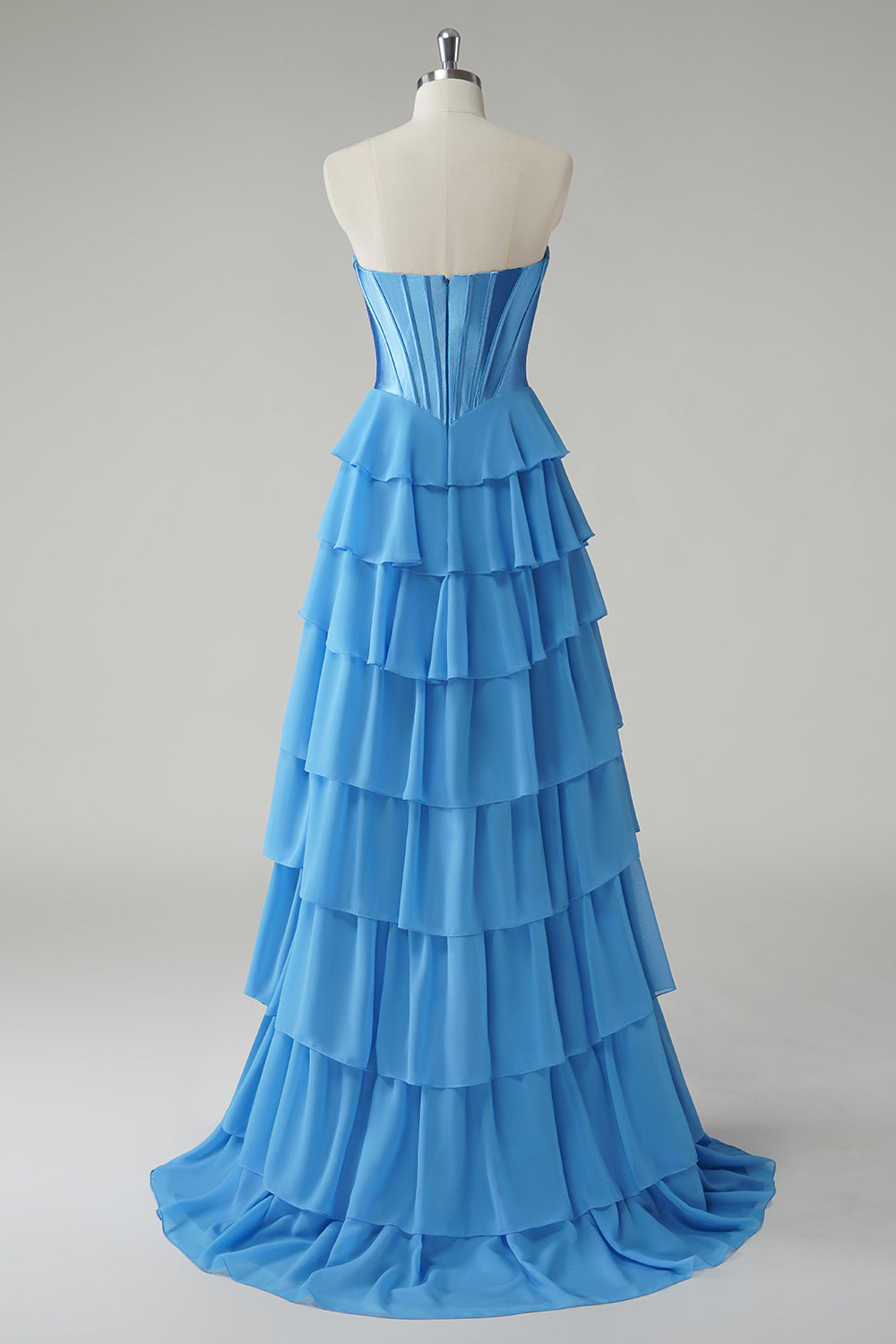 Yellow A Line Strapless Corset Tiered Long Prom Dress with Slit