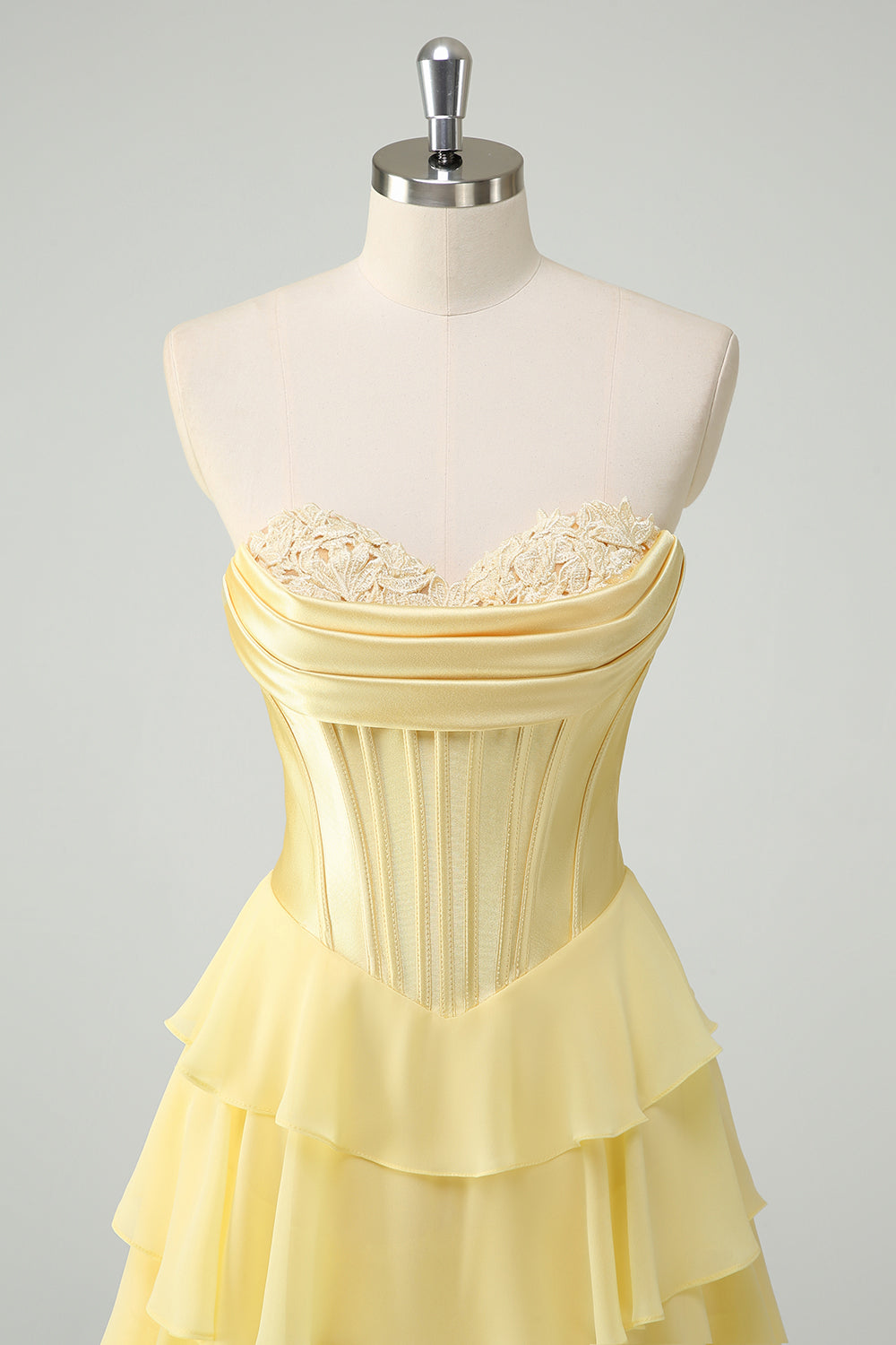 Yellow A Line Strapless Corset Tiered Long Prom Dress with Slit