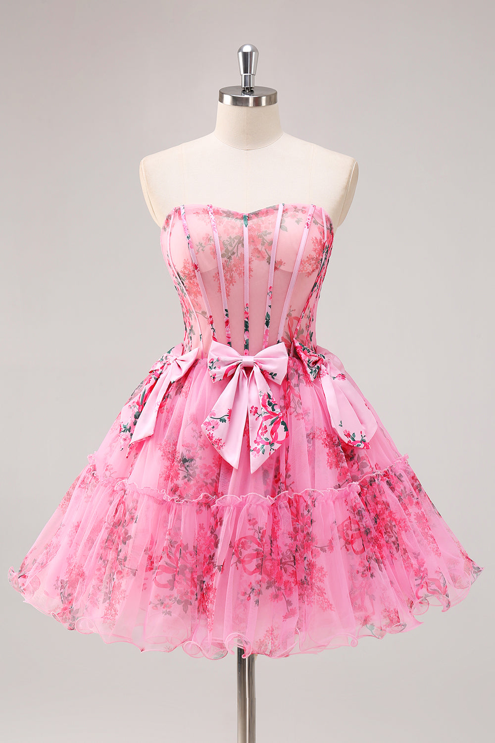 Floral A-Line Strapless Corset Pink Tulle Homecoming Dress