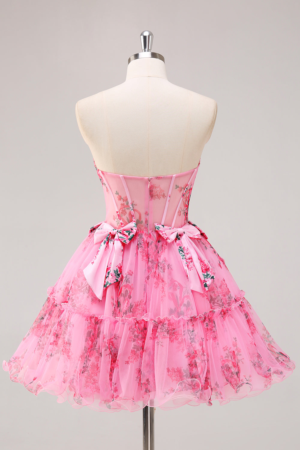 Floral A-Line Strapless Corset Pink Tulle Homecoming Dress