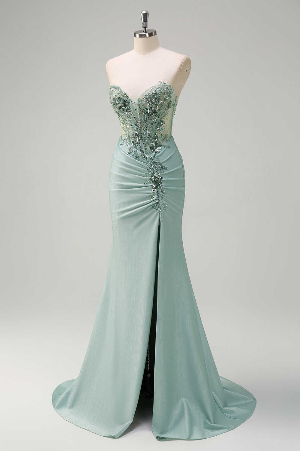 Sparkly Navy Mermaid Sequins Ruched Corset Long Prom Dress with Slit