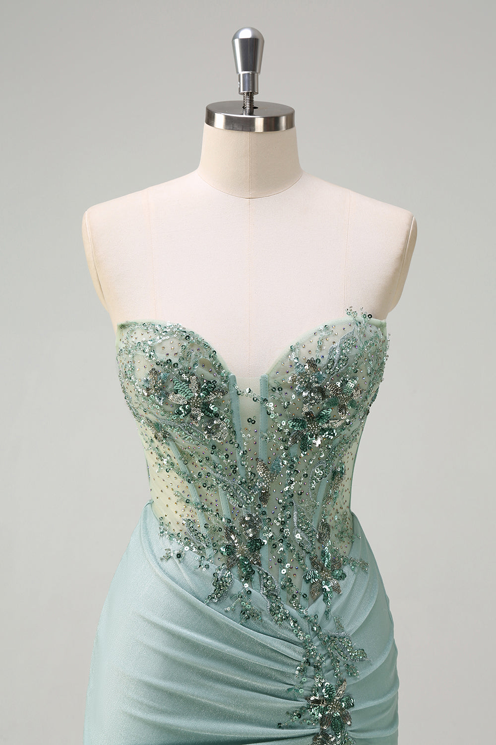 Sparkly Navy Mermaid Sequins Ruched Corset Long Prom Dress with Slit