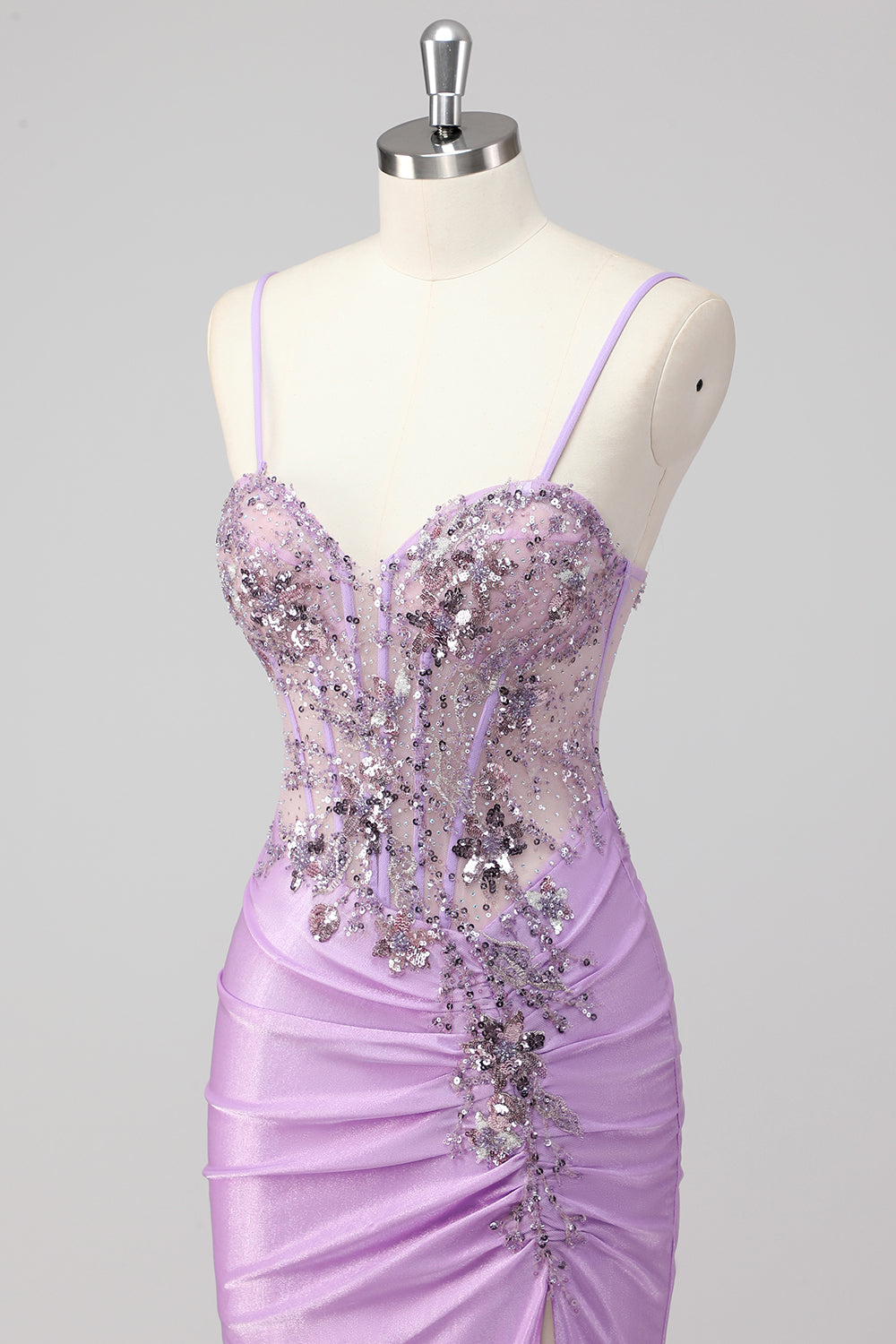 Purple Mermaid Spaghetti Straps Corset Sequin Long Prom Dress