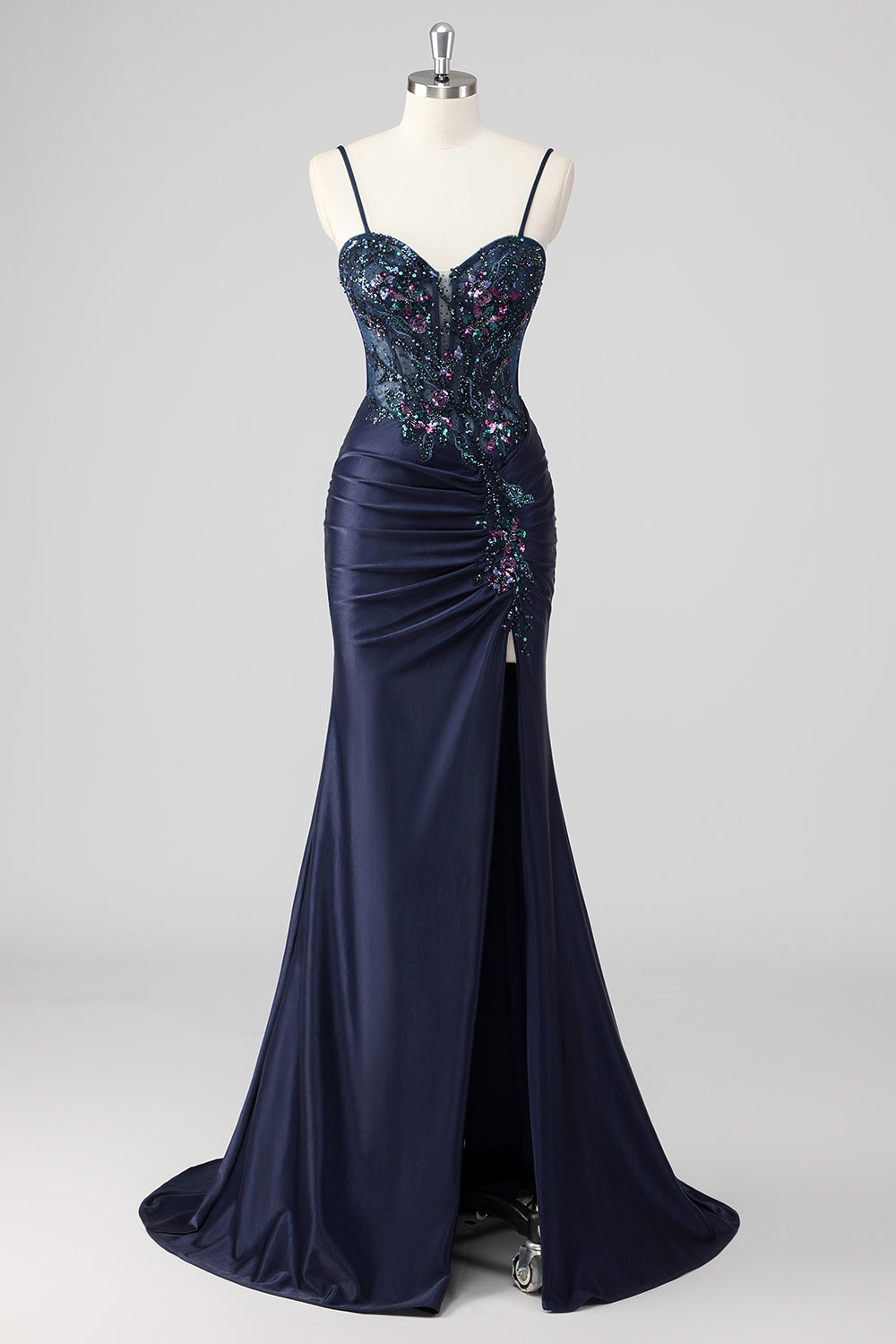 Purple Mermaid Spaghetti Straps Corset Sequin Long Prom Dress