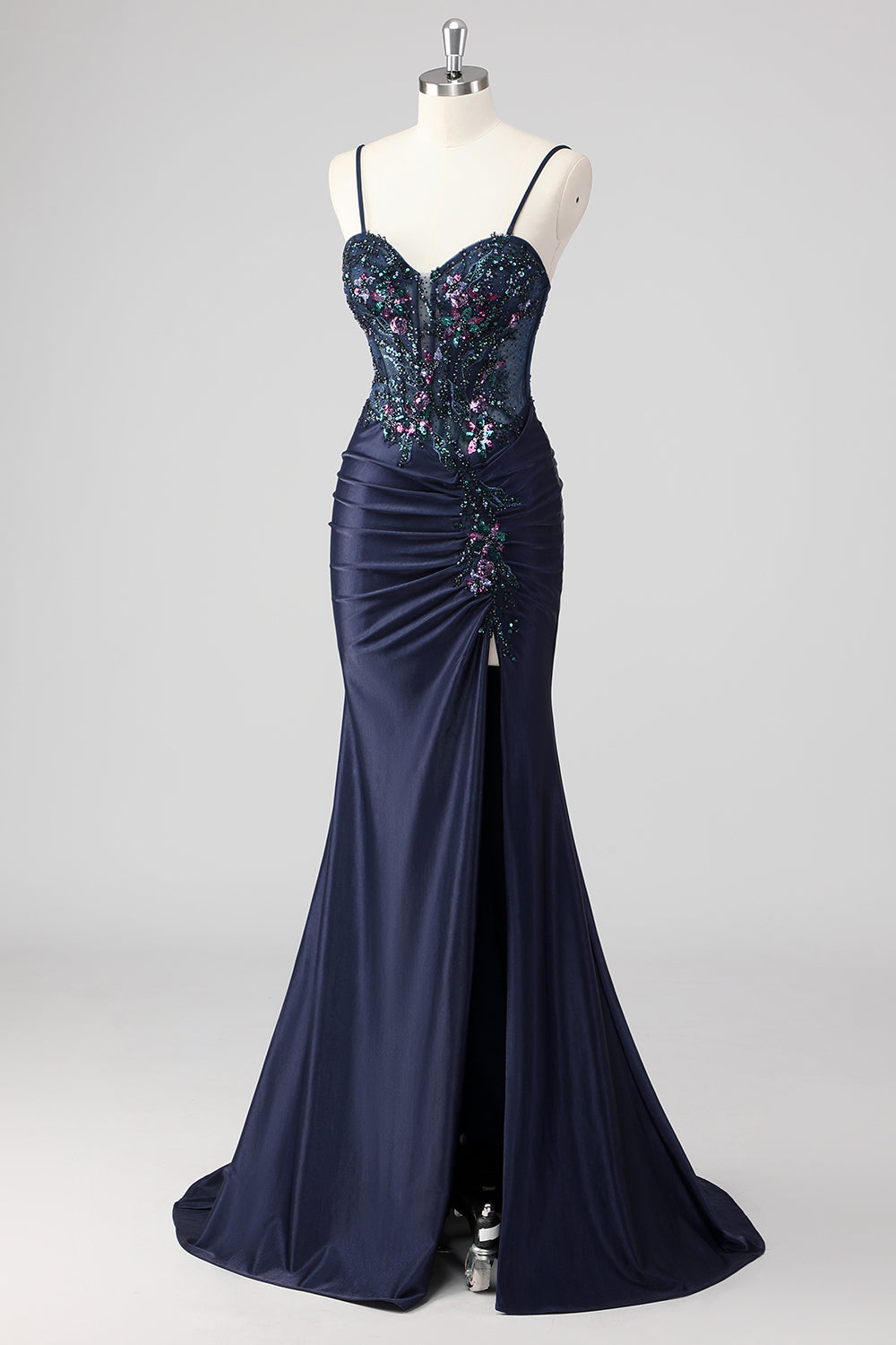 Purple Mermaid Spaghetti Straps Corset Sequin Long Prom Dress