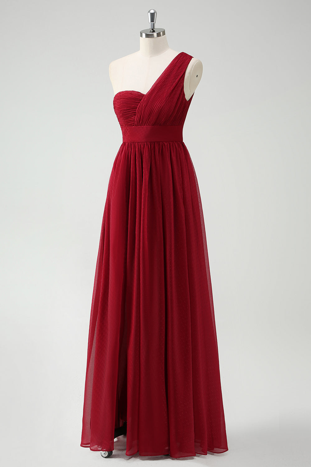 A-Line One Shoulder Ruched Burgundy Long Prom Dress with Slit