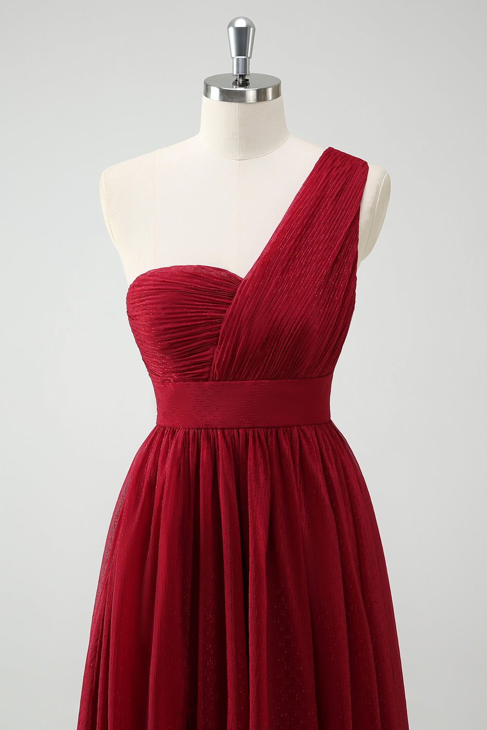 A-Line One Shoulder Ruched Burgundy Long Prom Dress with Slit