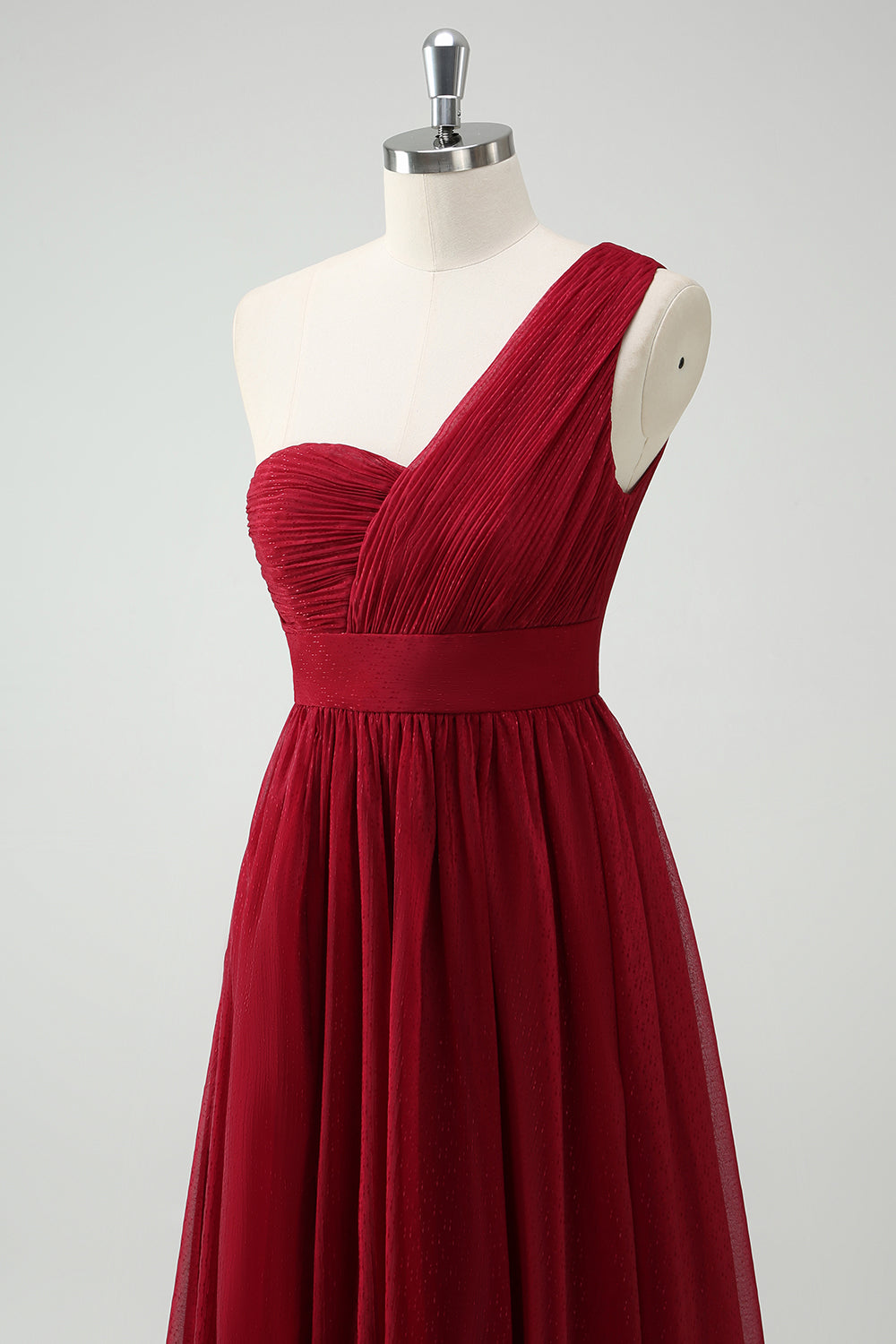 A-Line One Shoulder Ruched Burgundy Long Prom Dress with Slit