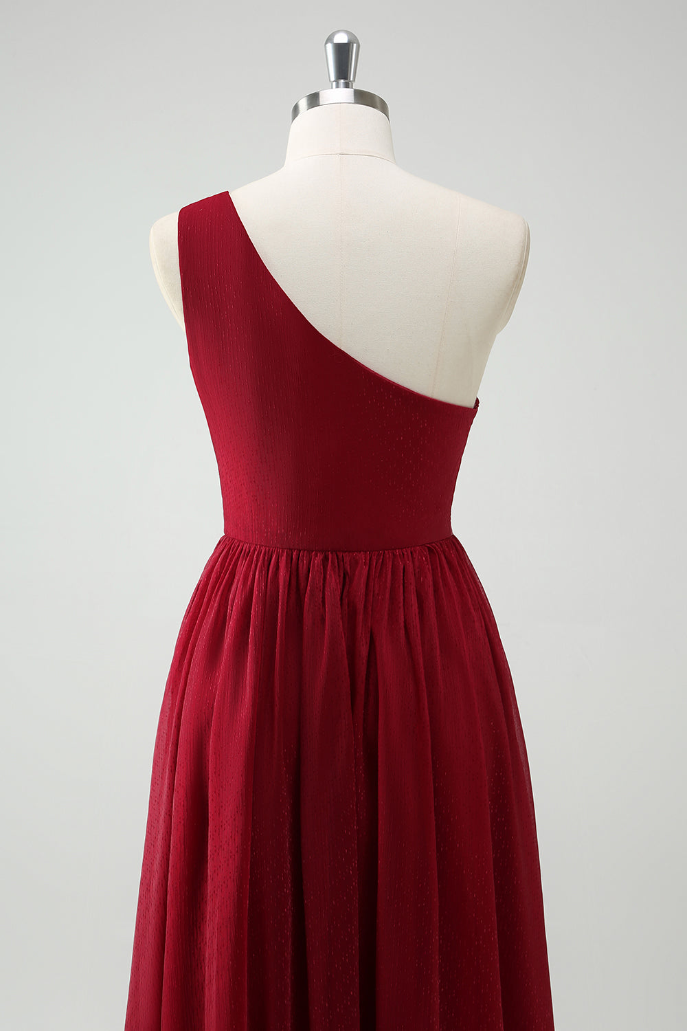 A-Line One Shoulder Ruched Burgundy Long Prom Dress with Slit