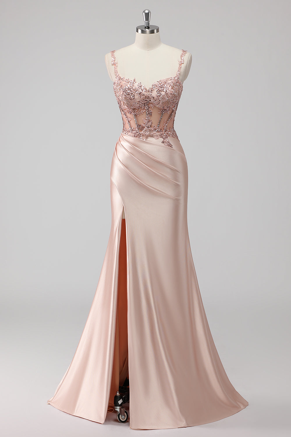 Blush Satin Mermaid Sequin Ruched Long Prom Dress with Slit