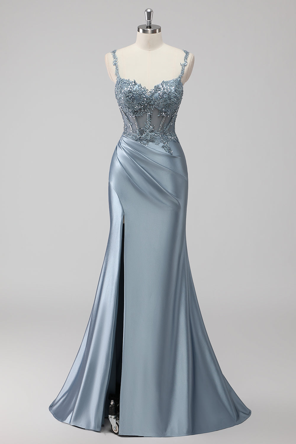 Blush Satin Mermaid Sequin Ruched Long Prom Dress with Slit