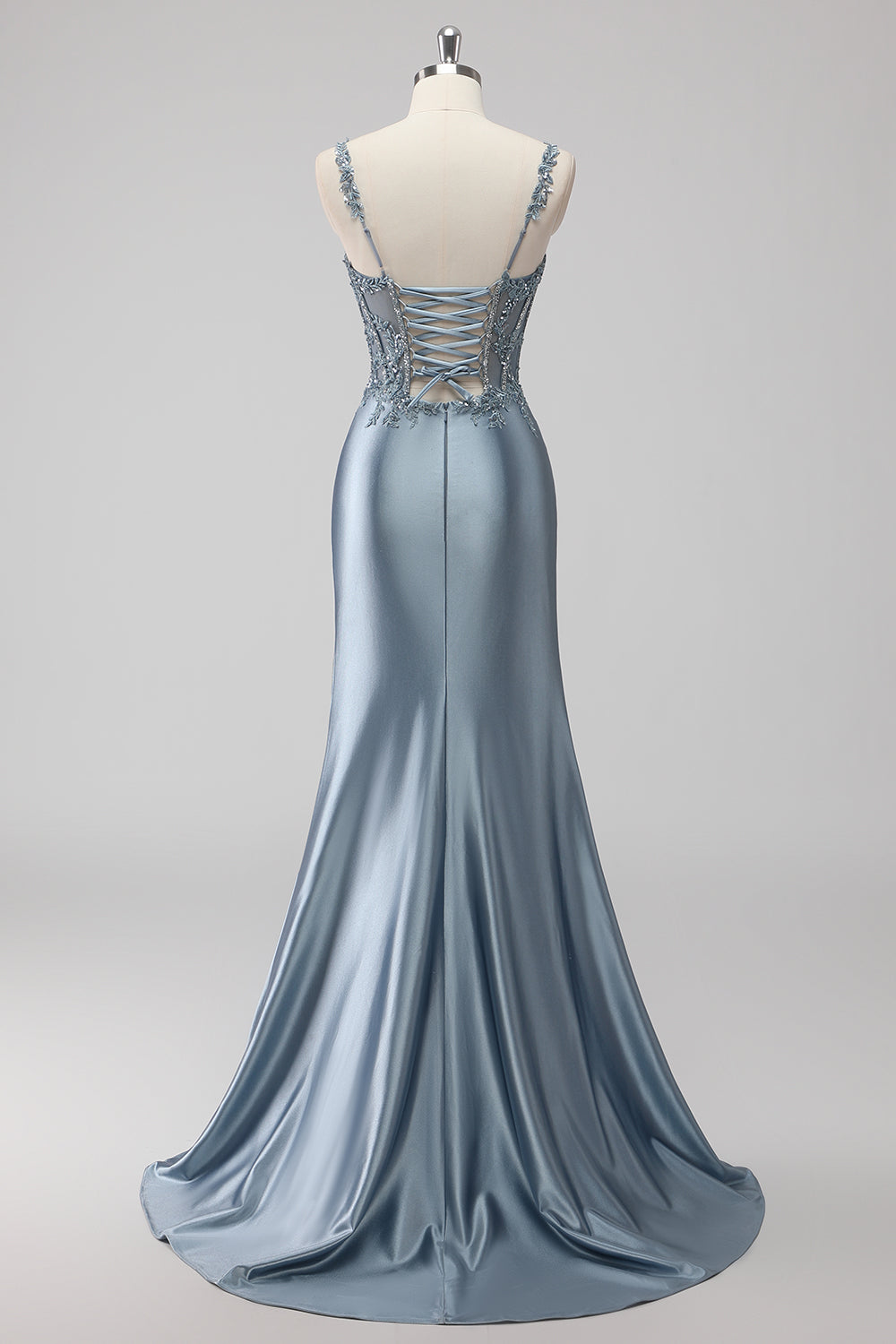 Blush Satin Mermaid Sequin Ruched Long Prom Dress with Slit