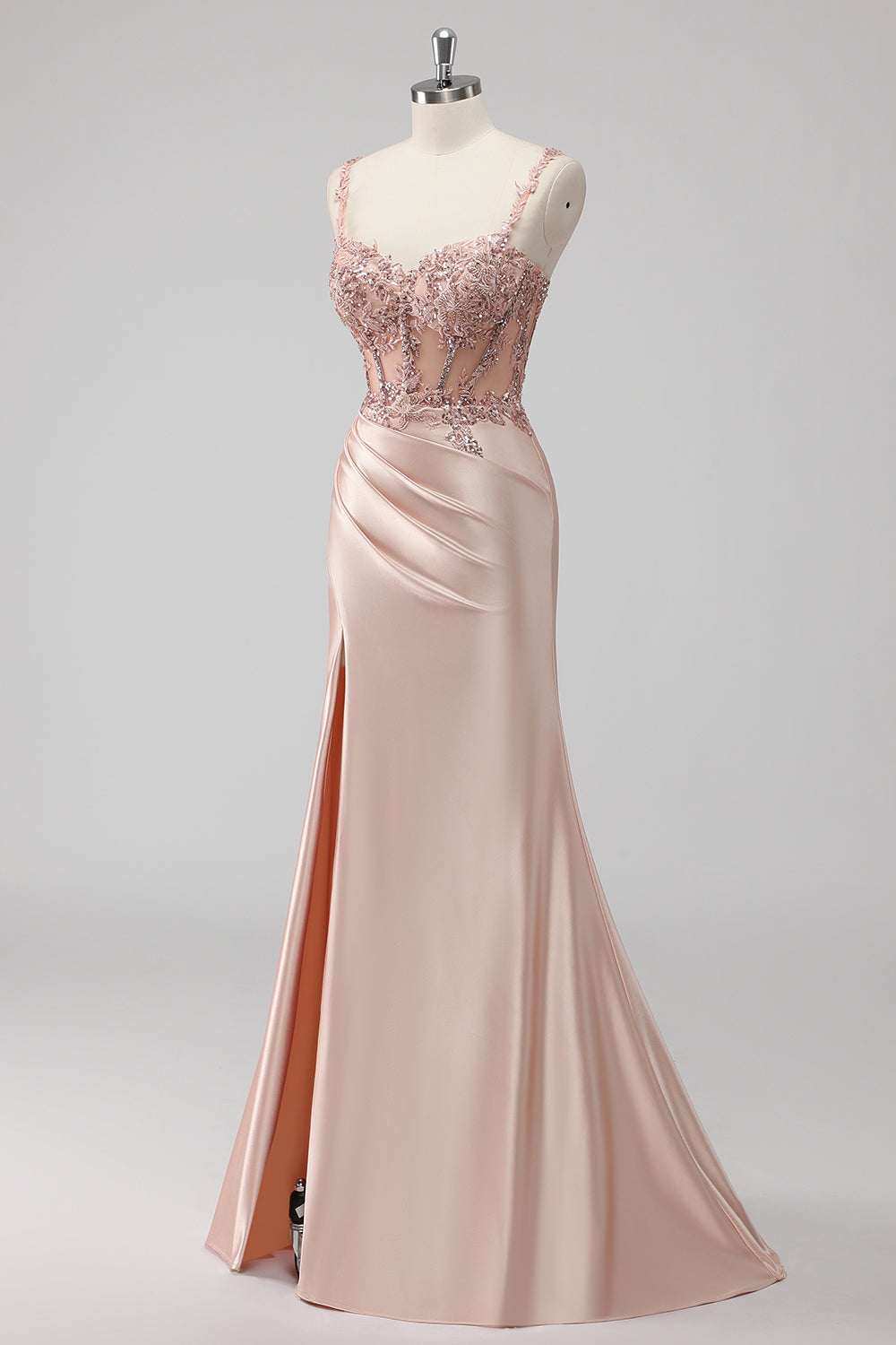 Blush Satin Mermaid Sequin Ruched Long Prom Dress with Slit