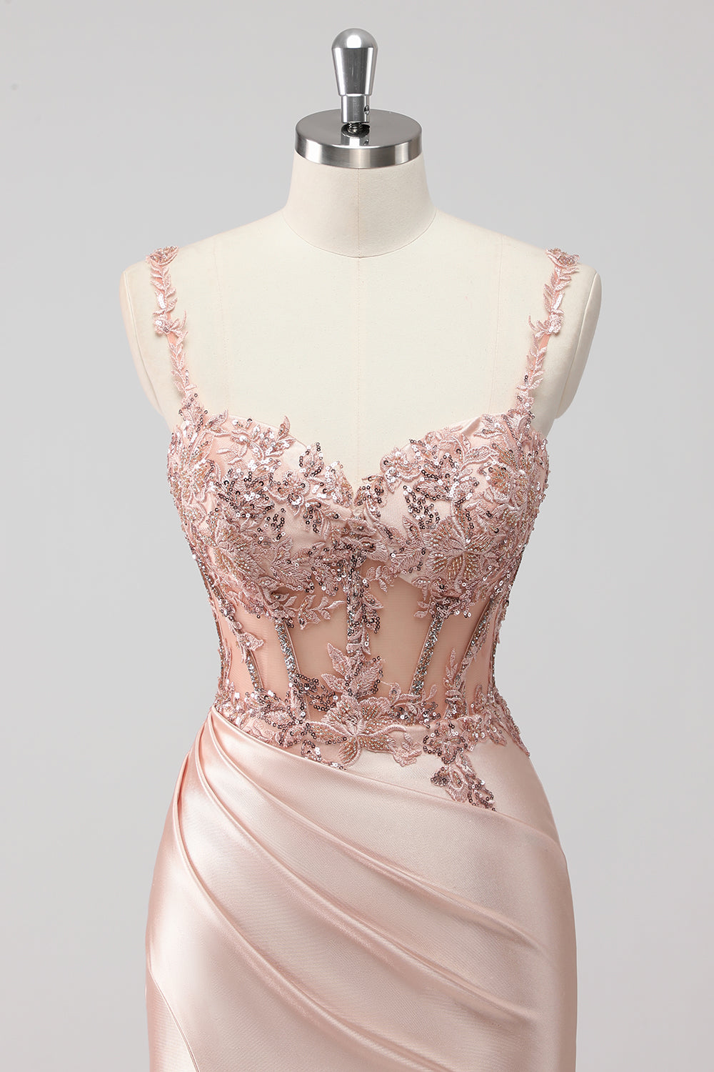 Blush Satin Mermaid Sequin Ruched Long Prom Dress with Slit