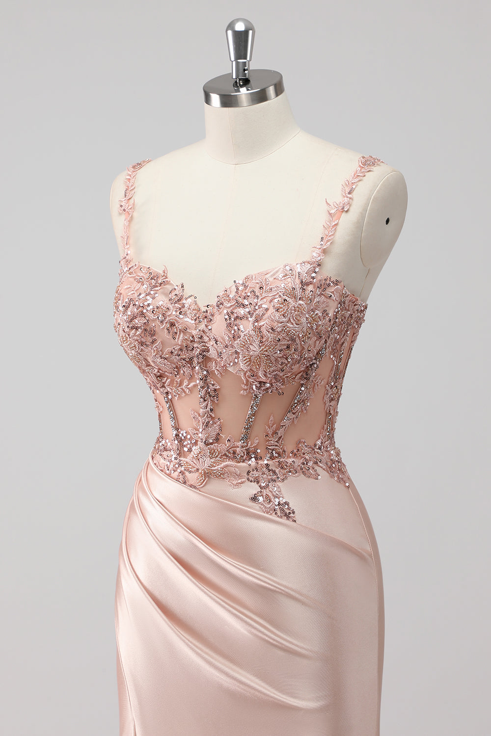 Blush Satin Mermaid Sequin Ruched Long Prom Dress with Slit